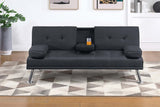 Living Room Black Linen Like Fabric 1pc Adjustable Sofa Fold-Down Table Cup Holders Tufted Upholstered Plush Cushion Couch Sofa