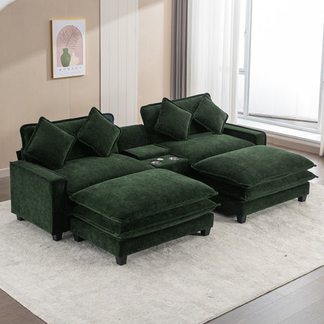 Chenille Upholstered 111' Sectional Sofa with Two Removable Ottomans, USB Ports, Cup Holders, and Storage, Green - sold by Home Elegance USA