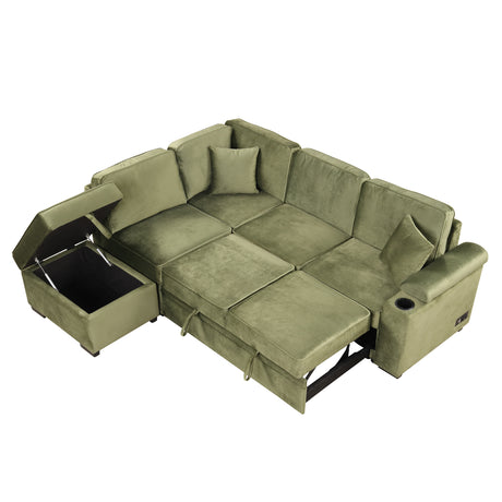Green Velvet Sleeper Sofa Bed with Storage Ottoman, L Shape Pull Out Couch for Living Room and Bedroom - sold by Home Elegance USA