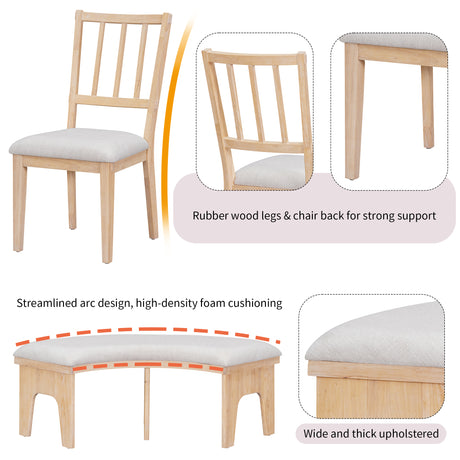TREXM 5-piece Rustic Charm Round Dining Set with 3 Upholstered Chairs and Curved Bench for Dining Room, Kitchen and Living Room (Natural) - sold by Home Elegance USA