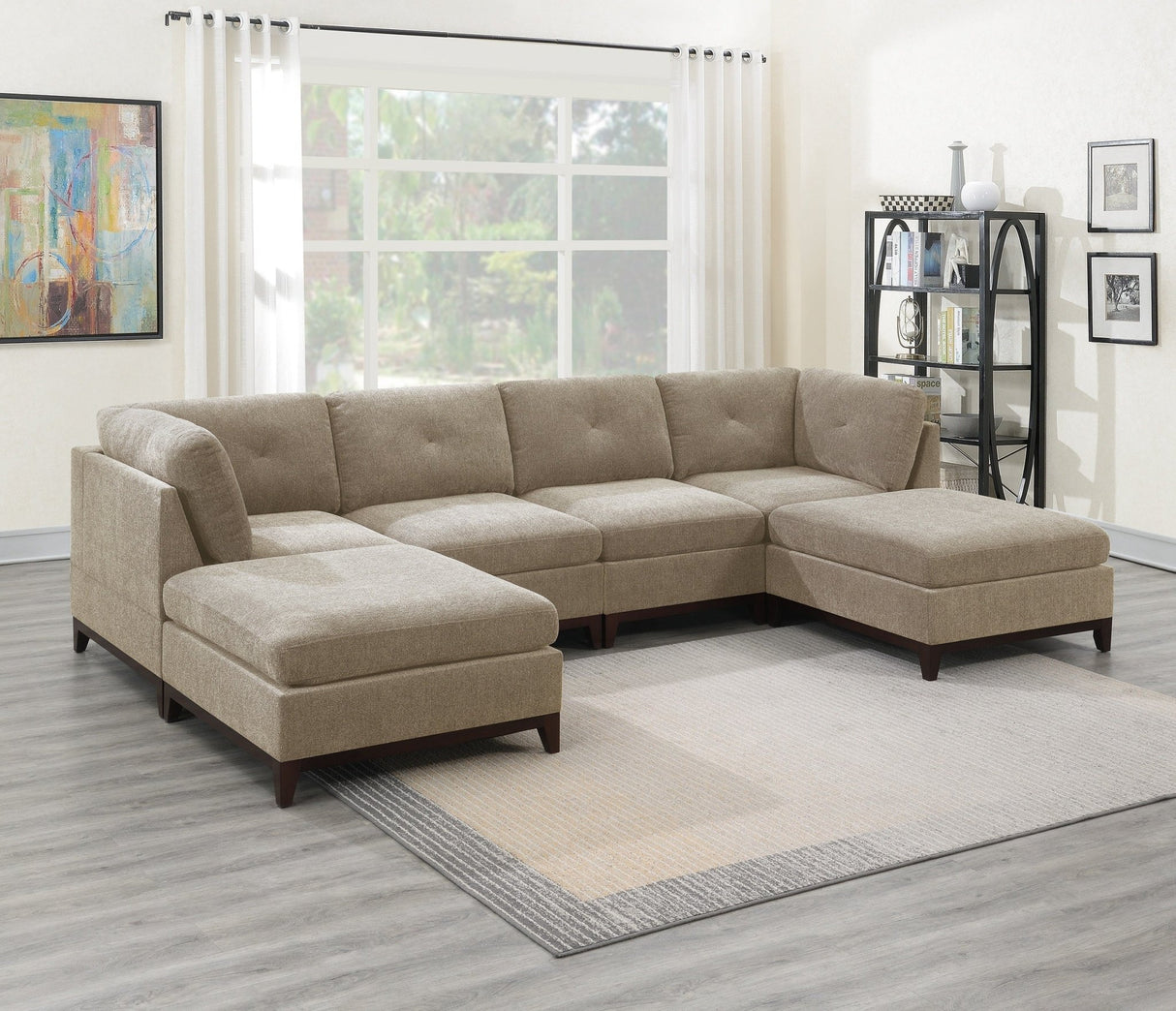 Camel Chenille Fabric Modular Sectional 6pc Set Living Room Furniture U - Sectional Couch 2x Corner Wedge 2x Armless Chairs and 2x Ottomans Tufted Back Exposed Wooden Base | Home Elegance USA