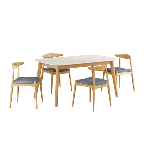 Mid-Century Modern 5-Piece Dining Set: Solid Rubberwood Table + 4 Gray Upholstered Chairs, White Oak Finish, Gray Fabric - sold by Home Elegance USA