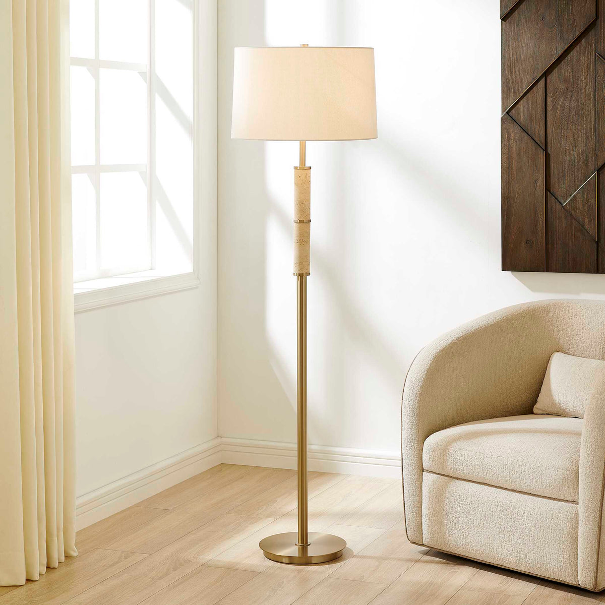 Verlaine Travertine Floor Lamp Brass,Gold - Beige by Uttermost - View 2