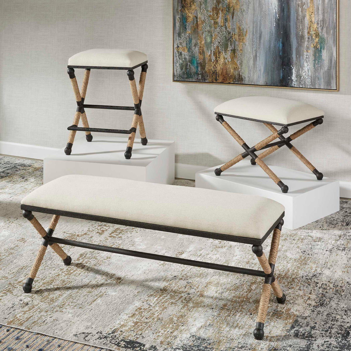 Firth Rustic Counter Stool Oatmeal - White / Light Brown by Uttermost - View 7
