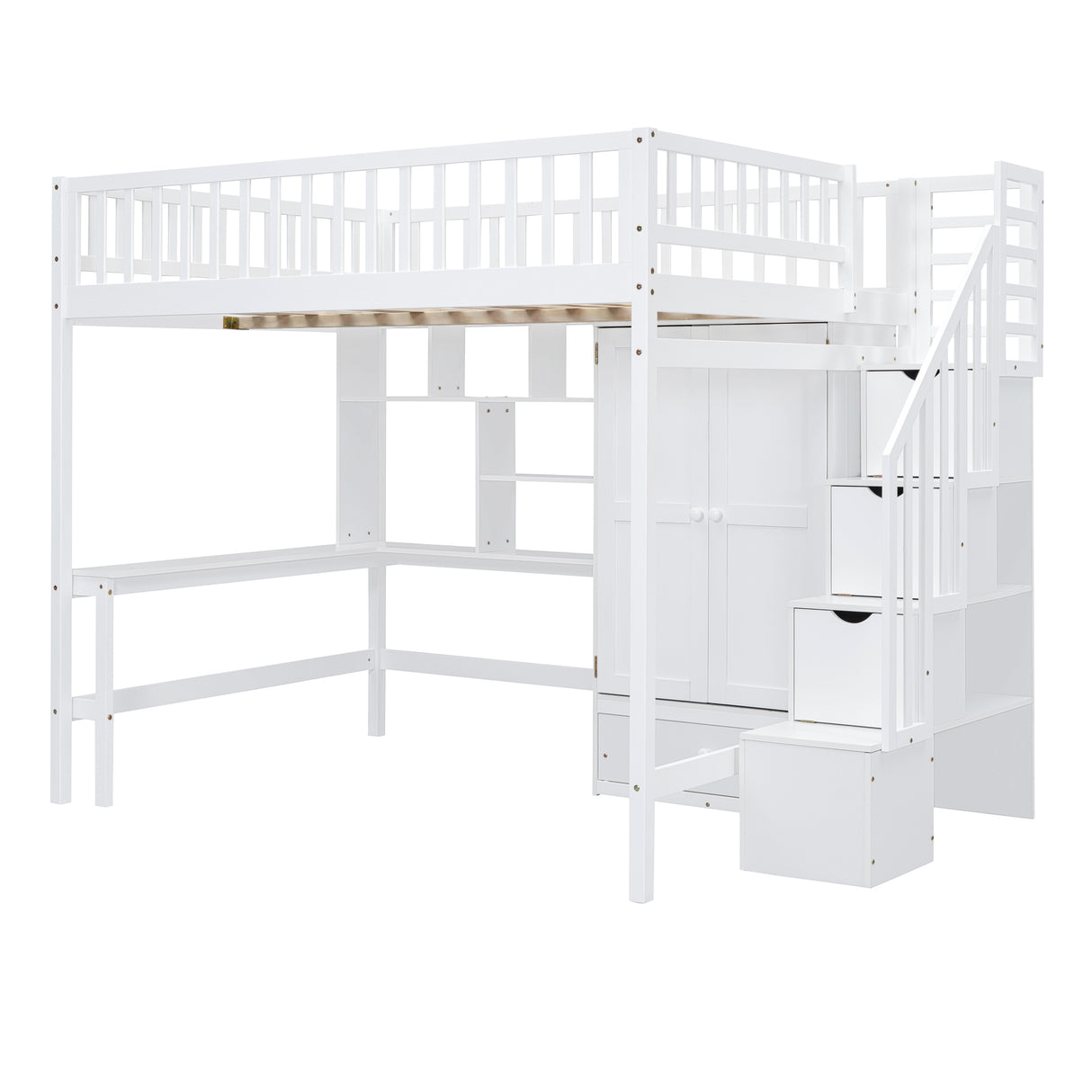 Full size Loft Bed with Bookshelf,Drawers,Desk,and Wardrobe-White - Home Elegance USA