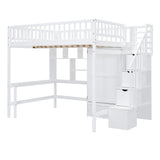 Full size Loft Bed with Bookshelf,Drawers,Desk,and Wardrobe-White - Home Elegance USA