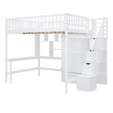 Full size Loft Bed with Bookshelf,Drawers,Desk,and Wardrobe-White - Home Elegance USA