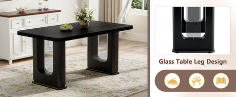 Table and chair set. 64.5 x 35.4 Inch Stylish Black Wood Color Textured Dining Table.Paired with 4 Black PU chairs with a vertical stripe design on the backrest and black metal legs. - sold by Home Elegance USA