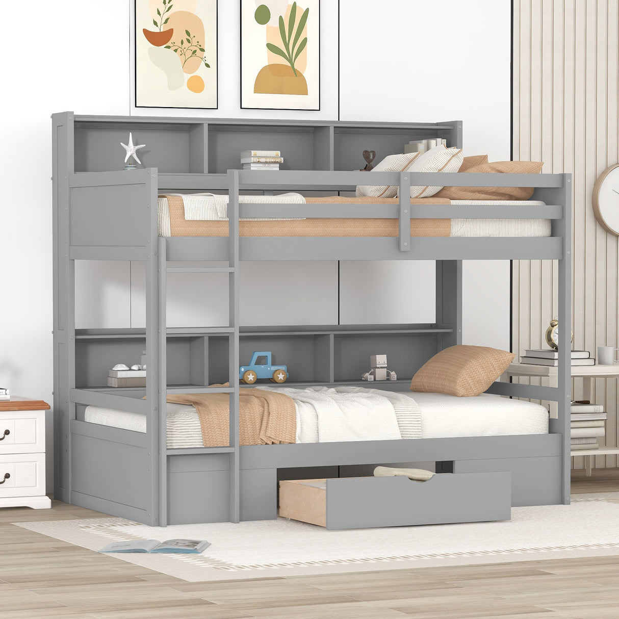 Twin Size Bunk Bed with Built-in Shelves Beside both Upper and Down Bed and Storage Drawer,Gray(Old SKU: GX000323AAE)