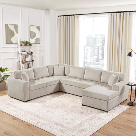 Oversized Sectional Sofa 115.3' U-Shaped Sofa with Chaise Lounge and Three Soft Throw Pillows, Light Gray Corduroy, 115.3' x 90.5' - sold by Home Elegance USA