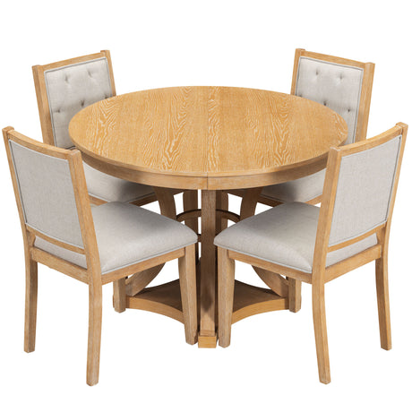 TREXM 5-Piece Retro Functional Dining Table Set Extendable Round Table and 4 Upholstered Chairs for Dining Room and Living Room (Natural) - sold by Home Elegance USA