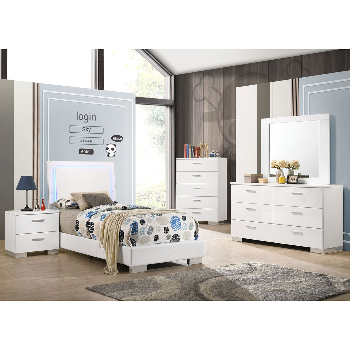 Dulcey White High Gloss 5-piece Twin Bedroom Set