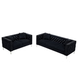 2 Piece Modern Velvet Living Room Set with Sofa and Loveseat,Jeweled Button Tufted Copper Nails Square Arms Black,4 Pillows Included | Home Elegance USA