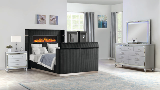 Lavish Modern Style 4 Pc King Bedroom Set Made with Fireplace in Headboard & TV stand in Footboard with Wood in Black