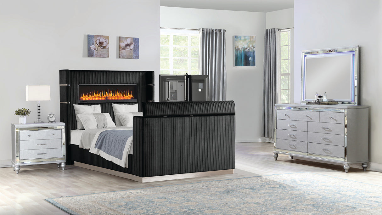 Lavish Modern Style 4 Pc Queen Bedroom Set Made with Fireplace in Headboard & TV stand in Footboard with Wood in Black