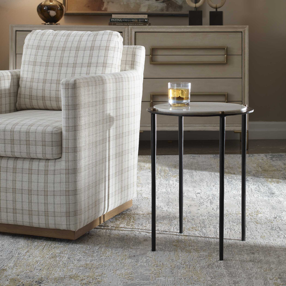 Wren Round Marble Accent Table Bronze / White - Black / White by Uttermost - View 2