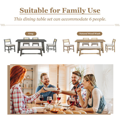 TREXM 6-piece Retro Farmhouse Style Dining Set, Rectangular Table and 4 Upholstered Chairs with Rattan and Bench for Dining Room and Kitchen (Natural Wood Wash) - sold by Home Elegance USA