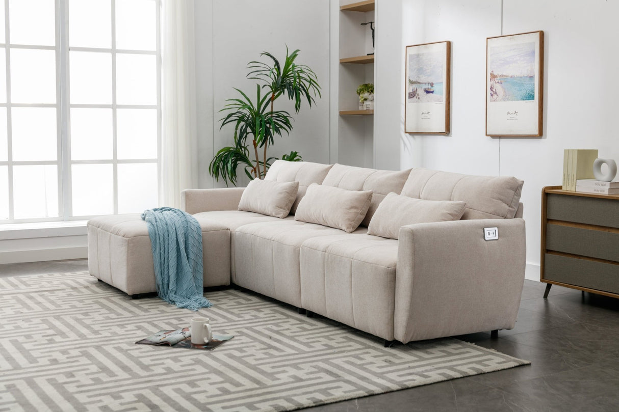 113.3" Convertible Sectional Sofa Couch 3 - Seat L - Shaped Sofa with Movable Ottoman and USB for Apartment, Living Room, Bedroom, Beige - SG000880AAA - image - 18