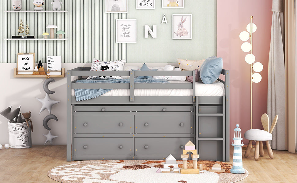 Full Size Loft Bed with Retractable Writing Desk and 4 Drawers, Wooden Loft Bed with Lateral Portable Desk and Shelves, Gray - Home Elegance USA