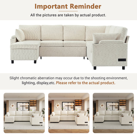 Convertible U-Shaped Sofa Bed with Storage, Cup Holders and Charging Ports, Beige Chenille, 109.9' - sold by Home Elegance USA