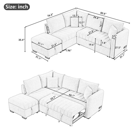 Modern L-shaped Sectional Pull Out Sofa Bed with USB Ports and Storage Ottoman, Beige, Jacquard Fabric, 82.6' - sold by Home Elegance USA