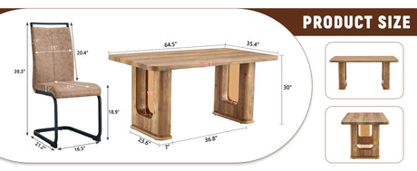 Table and chair set.64.5 x 35.4 Inch Stylish Wood Color Textured Dining Table.Perfectly Blending Simplicity And Transparency.Paried With 4 Brown technology fabric chairs with arched black legs. - sold by Home Elegance USA