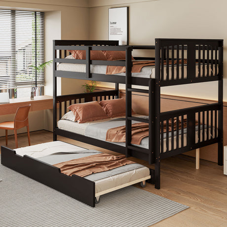 Full over Full Bunk Bed with Twin Size Trundle and Ladder -Espresso