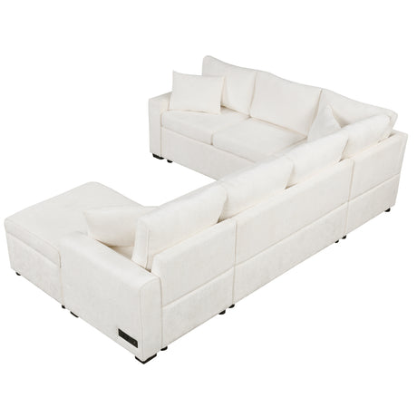 Cream Tweed Chenille Sectional Sofa with Pull-out Bed and Storage Ottoman, 112.2' for Living Room - sold by Home Elegance USA