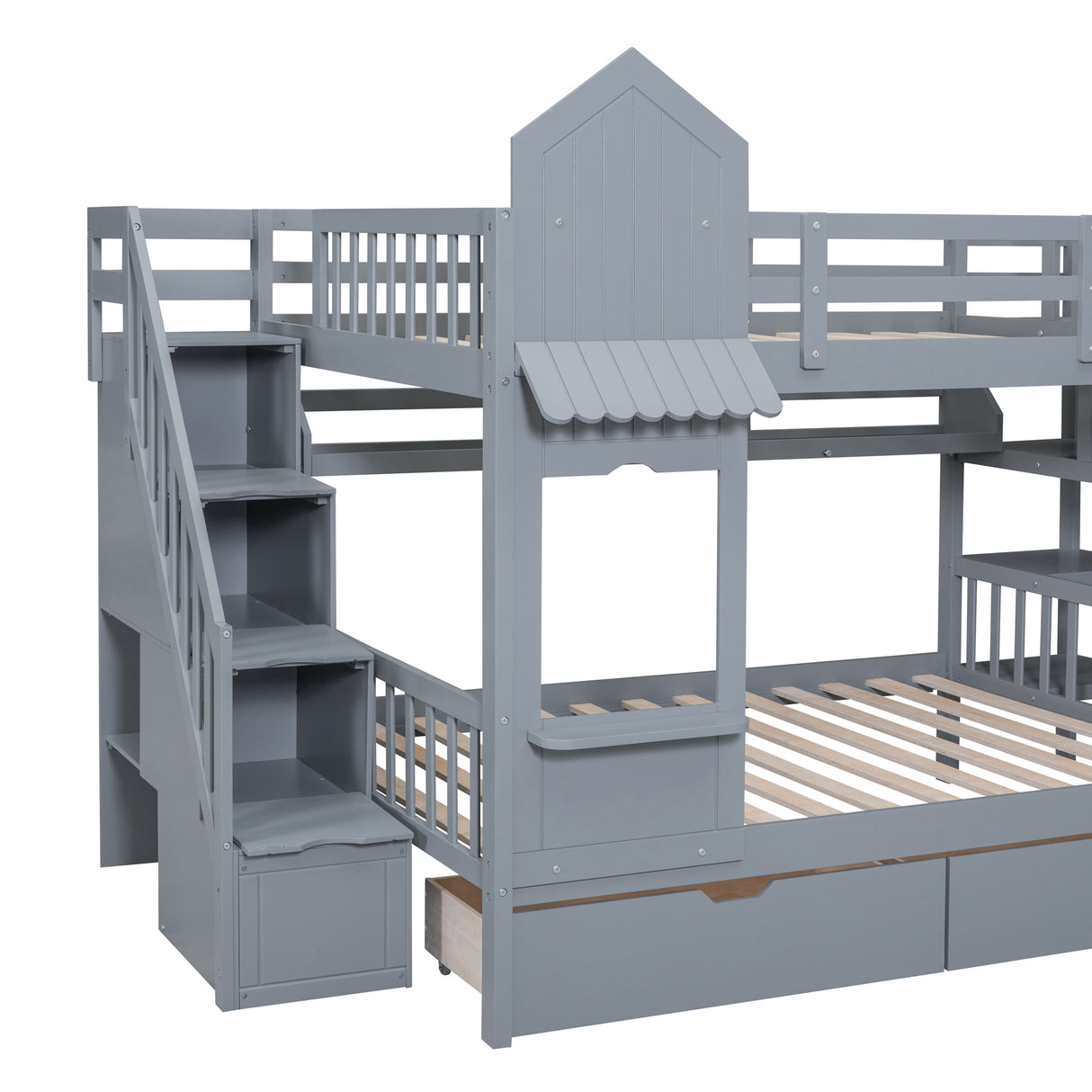 Full-Over-Full Castle Style Bunk Bed with 2 Drawers 3 Shelves and Slide - Gray - Home Elegance USA