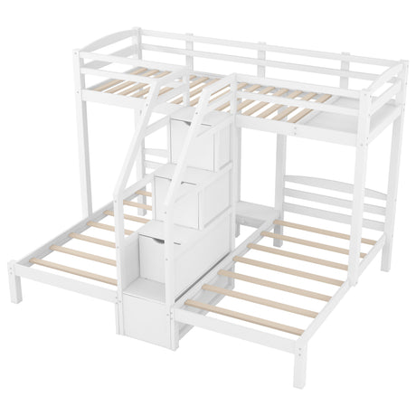 Twin over Twin & Twin Bunk Bed with Built-in Staircase and Storage Drawer,White - sold by Home Elegance USA