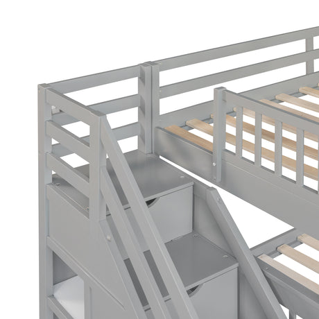 Twin over Full L-Shaped Bunk Bed With 3 Drawers, Ladder and Staircase - Gray - sold by Home Elegance USA