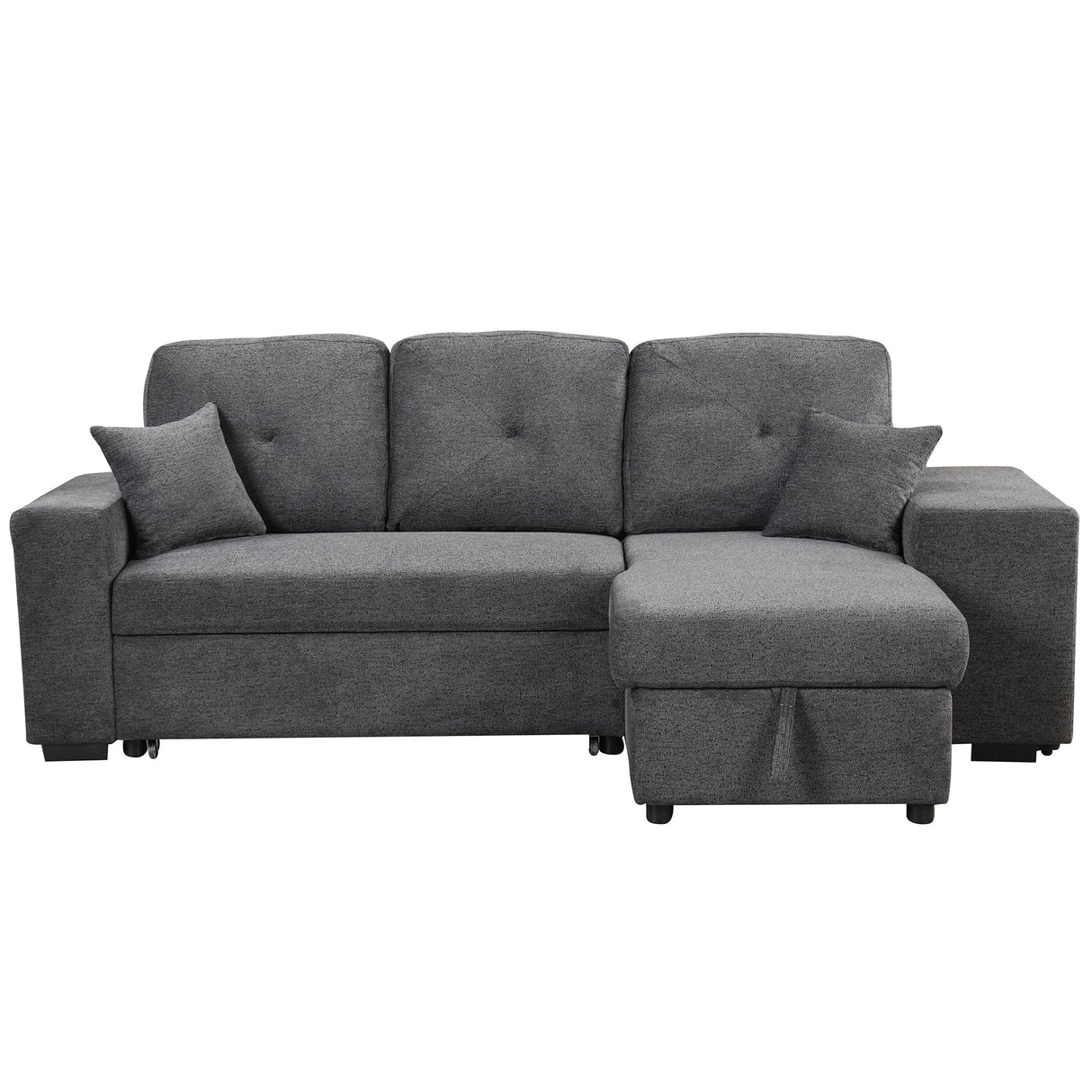 Reversible Sleeper Sectional Sofa Bed with Side Shelf and 2 Stools, Pull-Out L-Shaped Sofa Bed, Velvet Blue Black