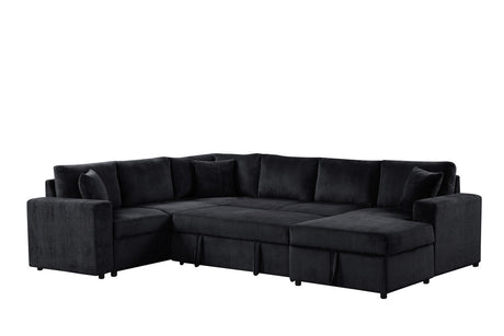 Rinaldo 123'W Black Corduroy Sleeper Sectional Sofa with Right-Facing Storage Chaise and Throw Pillows - sold by Home Elegance USA