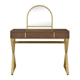 2 Drawers Vanity Desk with Mirror and Jewelry Tray, Walnut and Gold