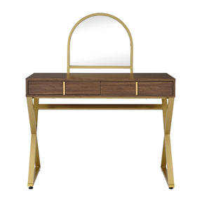 2 Drawers Vanity Desk with Mirror and Jewelry Tray, Walnut and Gold