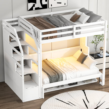 White Full XL Loft Bed with Storage Staircase, Murphy Bed, LED Light, Solid Pine and MDF, 101.2''L x 59.1''W x 73''H - sold by Home Elegance USA