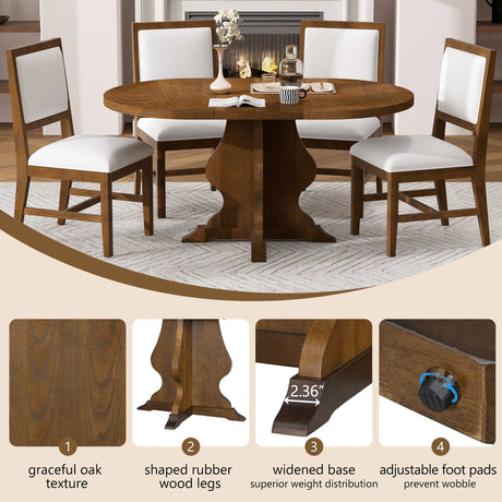 TREXM Farmhouse 5-Piece Dining Table Set with 4 Upholstered Chairs, Wood Extendable Dining Table with 15.7' Leaf for Extra Seating for Dining Room, Kitchen and Living Room (Brown) - sold by Home Elegance USA