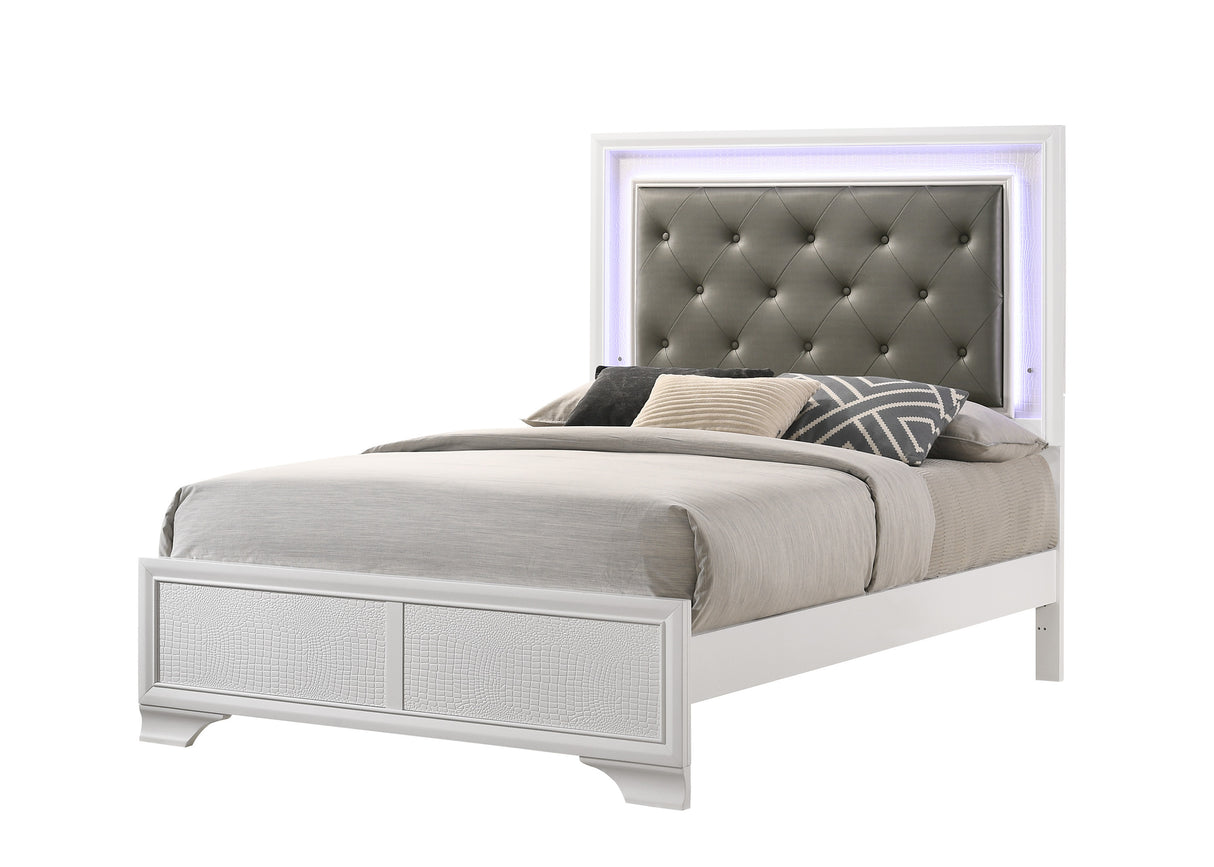 Modern White Crocodile Skin Finish Upholstered 1pc Twin Size Youth LED Panel Bed Faux Diamond Tufted Bedroom Furniture