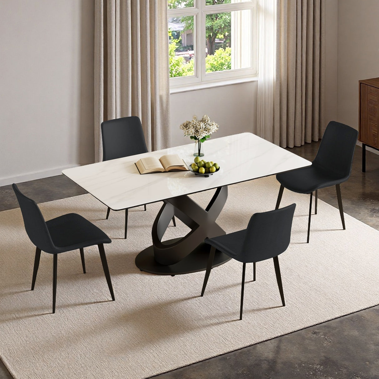 71' Rectangular Dining Table with Sintered Stone Top and Carbon Steel Base, Modern Luxury White Dining Table for Dinner, Party(4 chairs)