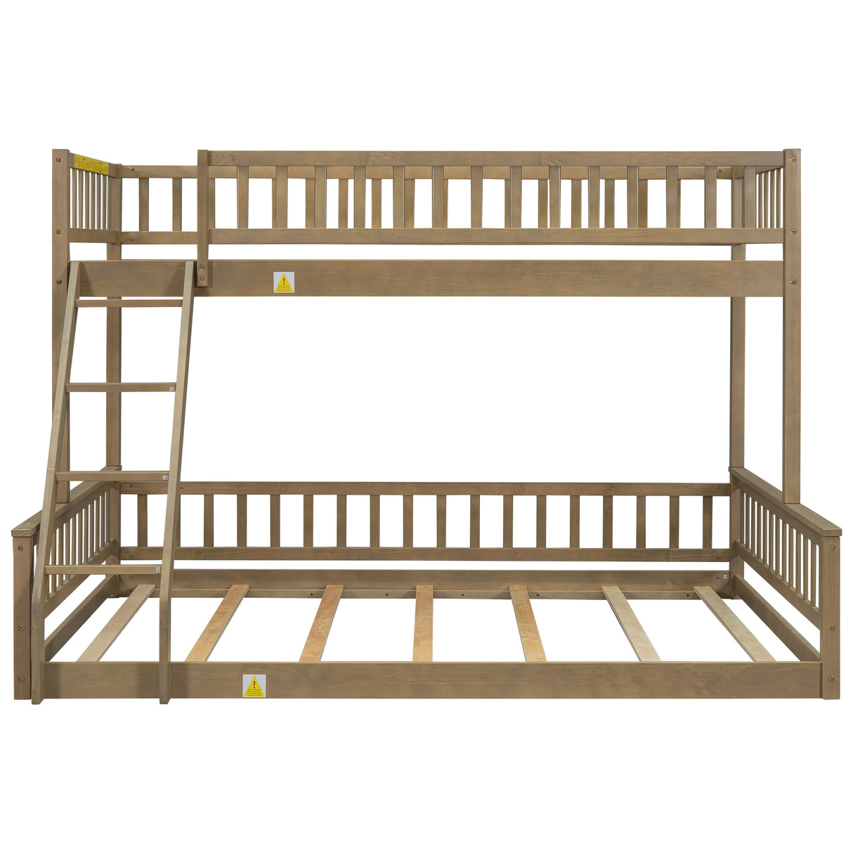 Walnut Twin XL over Queen Bunk Bed with Ladder and Guardrails, Solid Pine Wood+MDF, 84.7''L x 63.7''W x 58.3''H