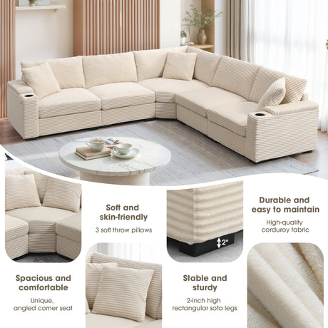 106' Convertible L Shaped Sectional Sofa,Corduroy Corner Couch with Armrest Storage,Cup Holders,USB Charger,Irregular Corner,Oversized Comfy Modular Sofa for Living Room,Apartment,2 Colors - sold by Home Elegance USA