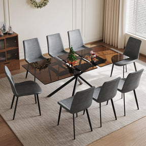 59-inch Expandable Dining Table Set with 8 Gray Ergonomic Chairs, Black Sandblasted Glass Top & X-Base, 4-6 Seater Modern Dining Set for Small Spaces, Kitchen and Apartment - sold by Home Elegance USA
