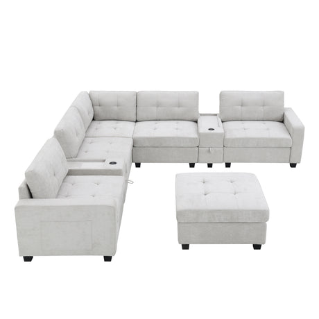 Chenille U Shaped Sectional Sofa with Acrylic Table Top, USB Charger, Storage Drawers, Pockets and Movable Ottoman - sold by Home Elegance USA
