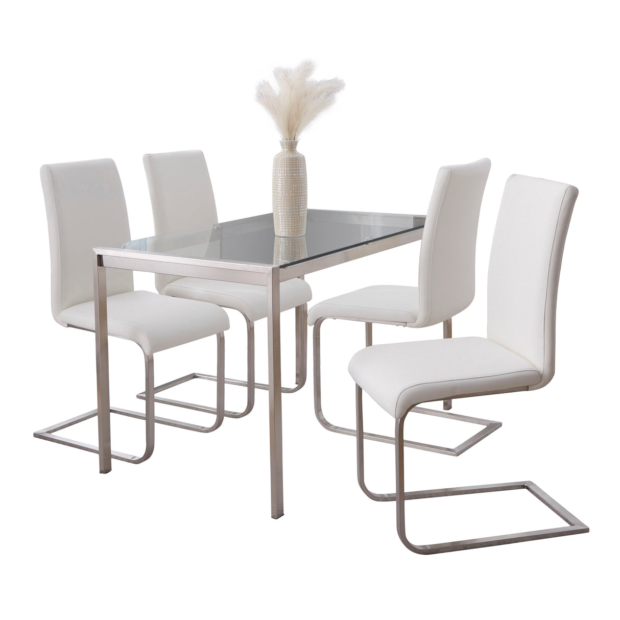 Fuji-Foster Contemporary Dining Set in Stainless Steel, Clear Glass and White Faux Leather by LumiSource - 5 Piece