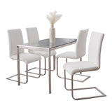 Fuji-Foster Contemporary Dining Set in Stainless Steel, Clear Glass and White Faux Leather by LumiSource - 5 Piece