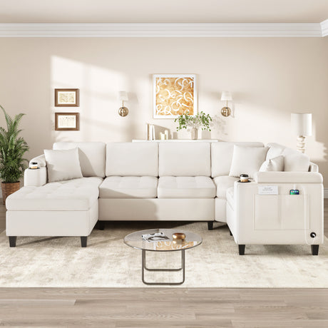 Modern U-shaped Sectional Sofa 115.7' with Built-in Cup Holders, Storage, USB Ports in Beige Chenille Fabric - sold by Home Elegance USA