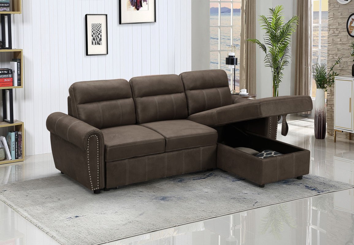 Ashton Saddle Brown Microfiber Reversible Sleeper Sectional Sofa Chaise | Home Elegance USA