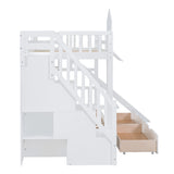 Twin-Over-Twin Castle Style Bunk Bed with 2 Drawers 3 Shelves and Slide - White - Home Elegance USA