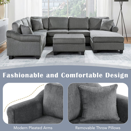 U-shaped Sectional Sofa Chenille Upholstered with Movable Storage Ottoman, Dark Gray, 111.8' - sold by Home Elegance USA