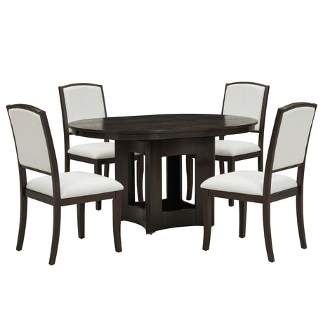 TOPMAX Farmhouse Extendable Round Dining Table Set for 4, 5-Piece Kitchen Table Set with 4 Upholstered Chairs and 16inch Removable Leaf for Small Places, Espresso+Beige - sold by Home Elegance USA